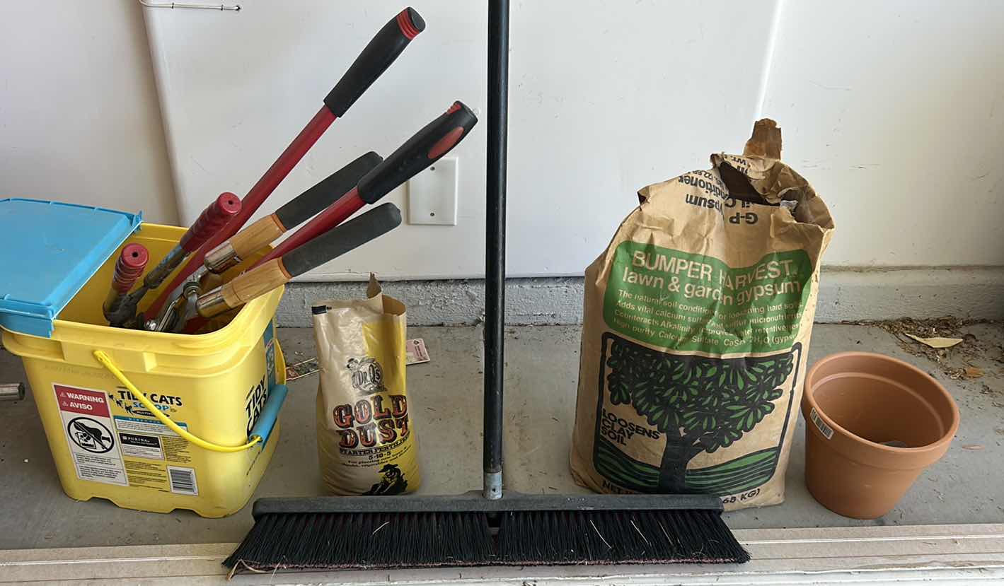 Photo 1 of GARDENING SUPPLIES - SHEARS, FERTILIZER, PUSH BROOM & MORE