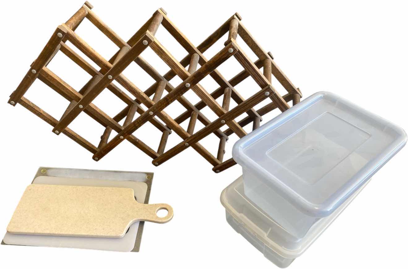 Photo 1 of WINE RACK, THREE CUTTING BOARDS, AND TWO PLASTIC SHOEBOXES