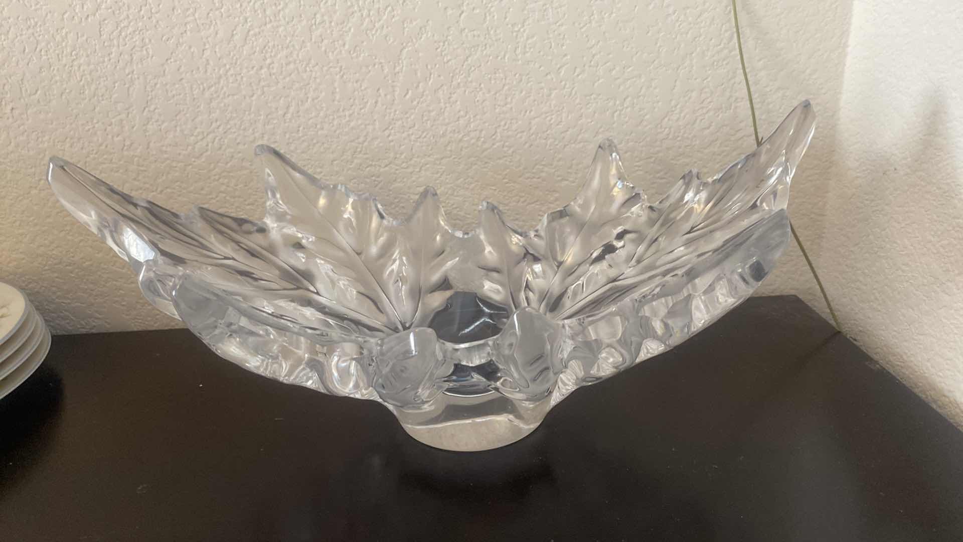 Photo 1 of LARGE VINTAGE LALIQUE CHAMPS-ELYSEES CLEAR CRYSTAL CENTERPIECE BOWL WITH FROSTED LEAF MOTIF ETCHED LALIQUE FEANCE 18” X 7 1/2”