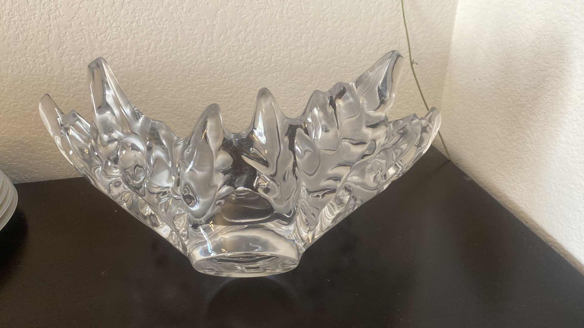Photo 1 of LARGE VINTAGE LALIQUE CHAMPS-ELYSEES CLEAR CRYSTAL CENTERPIECE BOWL WITH FROSTED LEAF MOTIF ETCHED LALIQUE FEANCE 18” X 7 1/2”