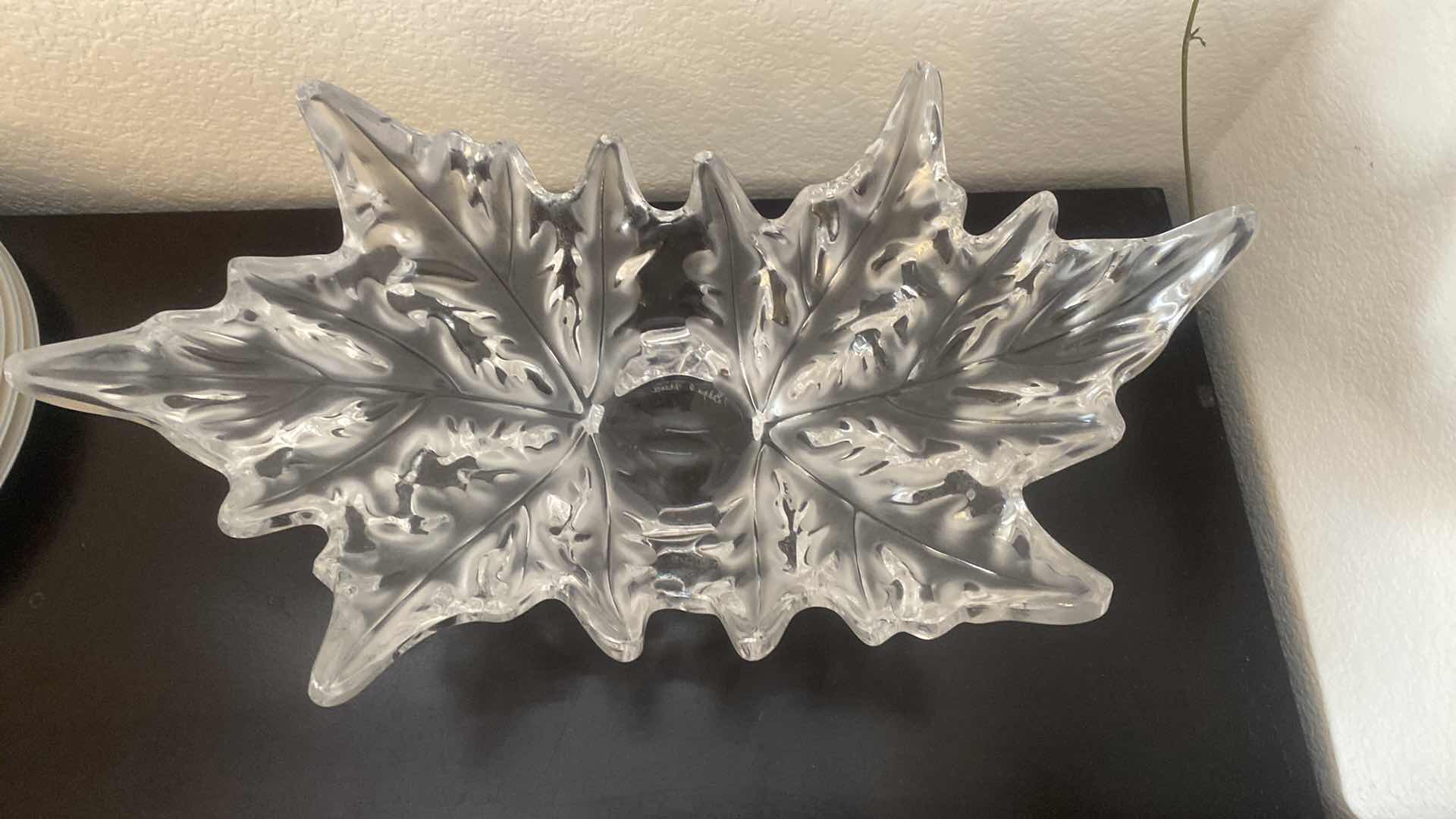 Photo 1 of LARGE VINTAGE LALIQUE CHAMPS-ELYSEES CLEAR CRYSTAL CENTERPIECE BOWL WITH FROSTED LEAF MOTIF ETCHED LALIQUE FEANCE 18” X 7 1/2”