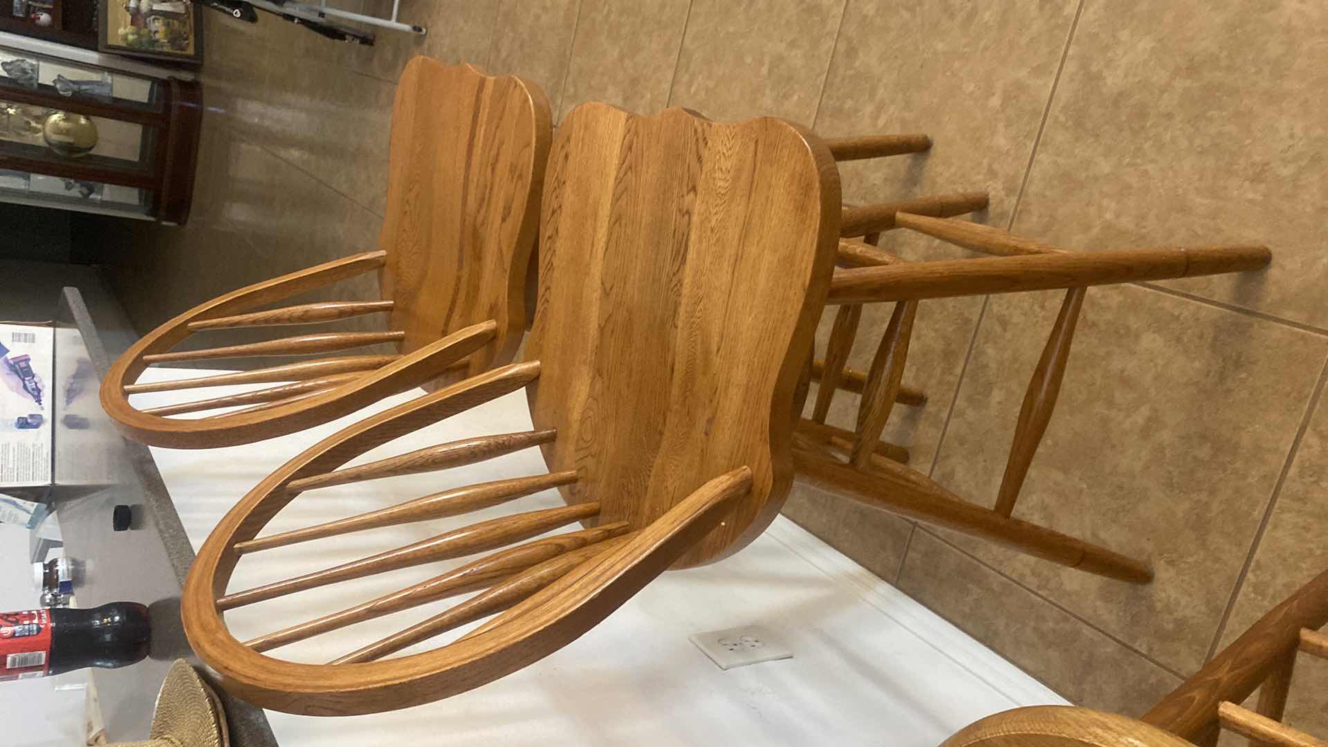 View 2 of SOLID OAK WINDSOR STYLE SWIVEL BARSTOOLS SEAT HEIGHT 30” (2)