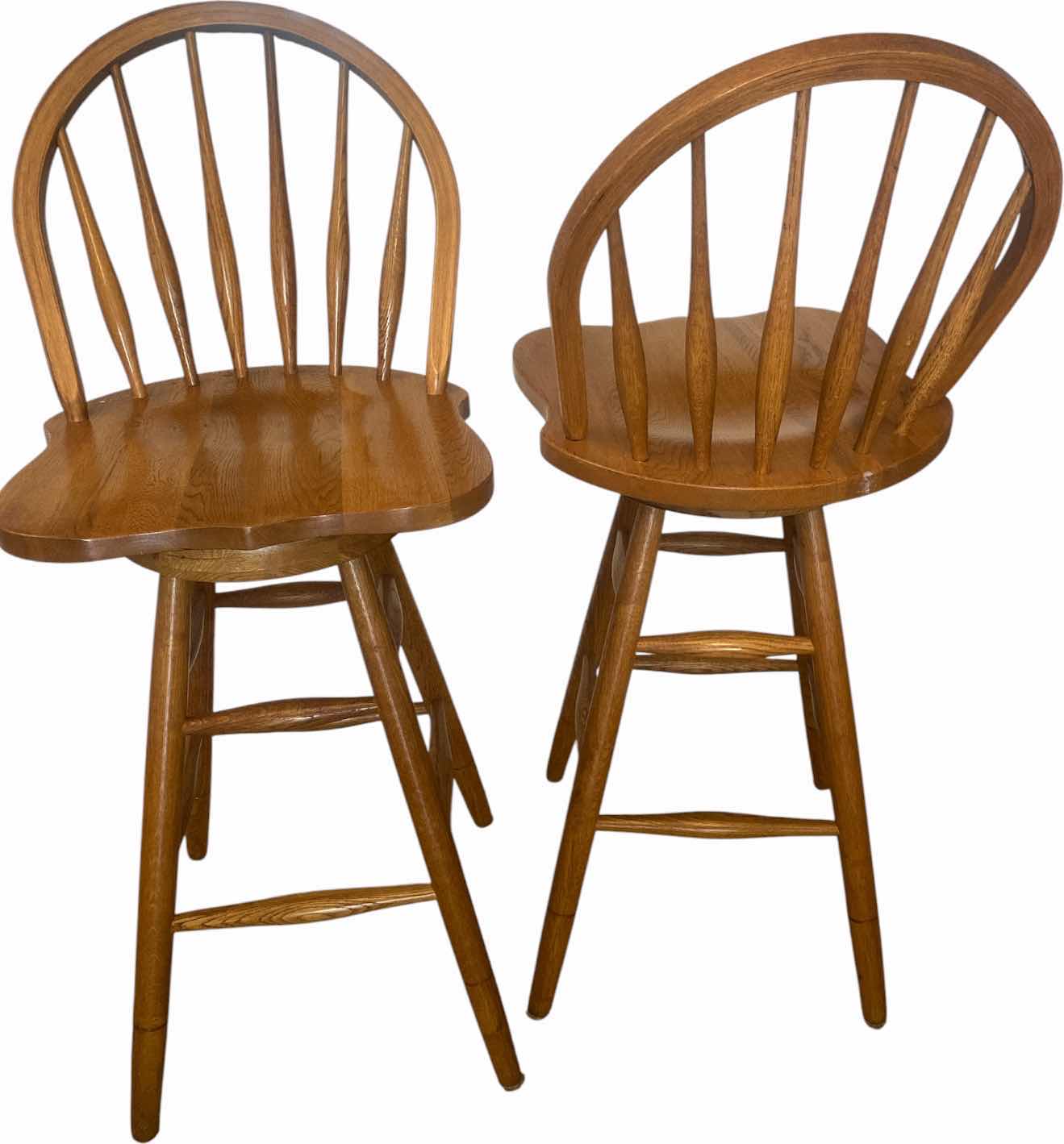 View 1 of SOLID OAK WINDSOR STYLE SWIVEL BARSTOOLS SEAT HEIGHT 30” (2)