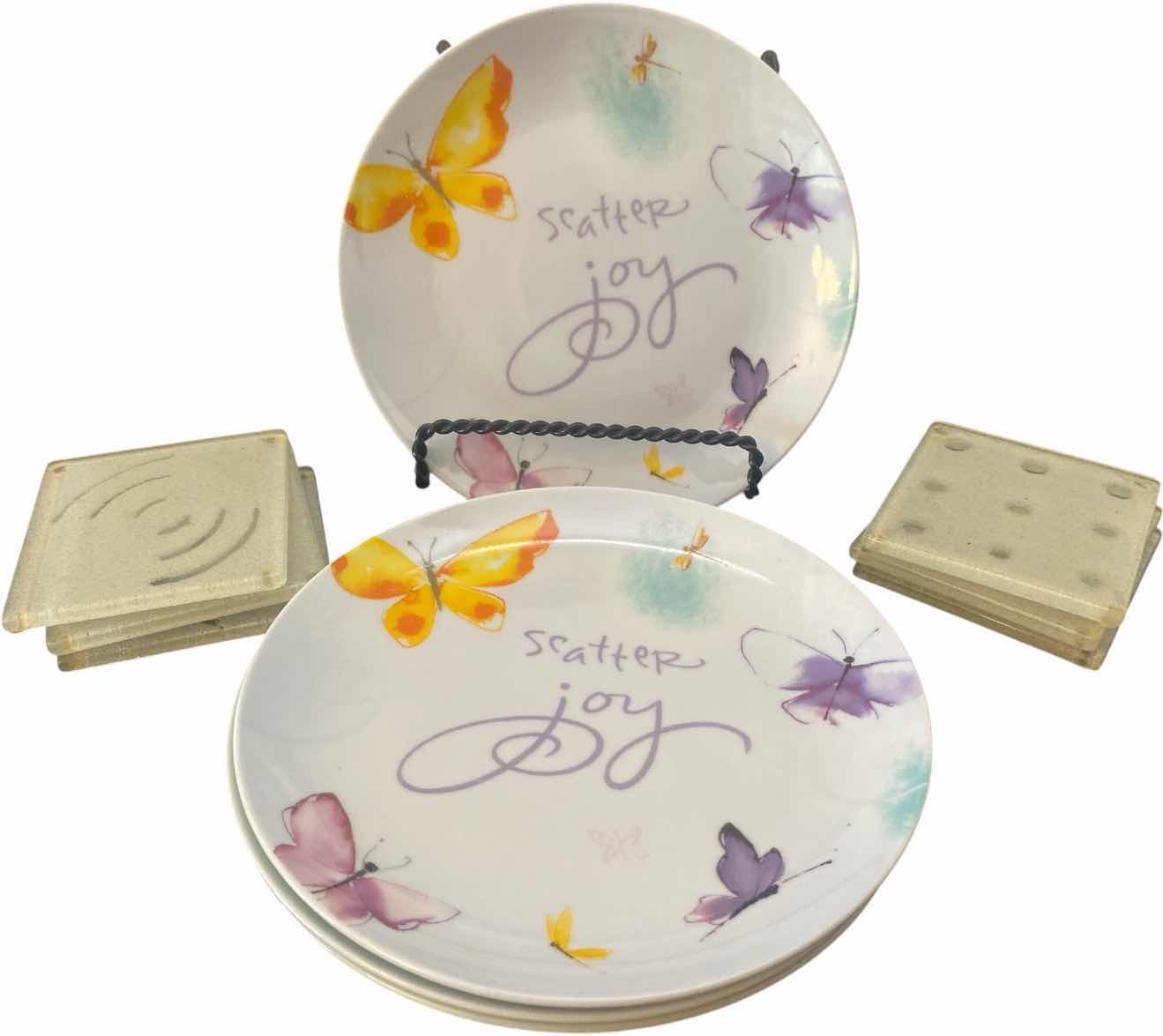 Photo 1 of KATHY DAVIS BUTTERFLIES PROMISE 8 INCH LUNCHEON PLATES (4) & GLASS COASTERS (6)