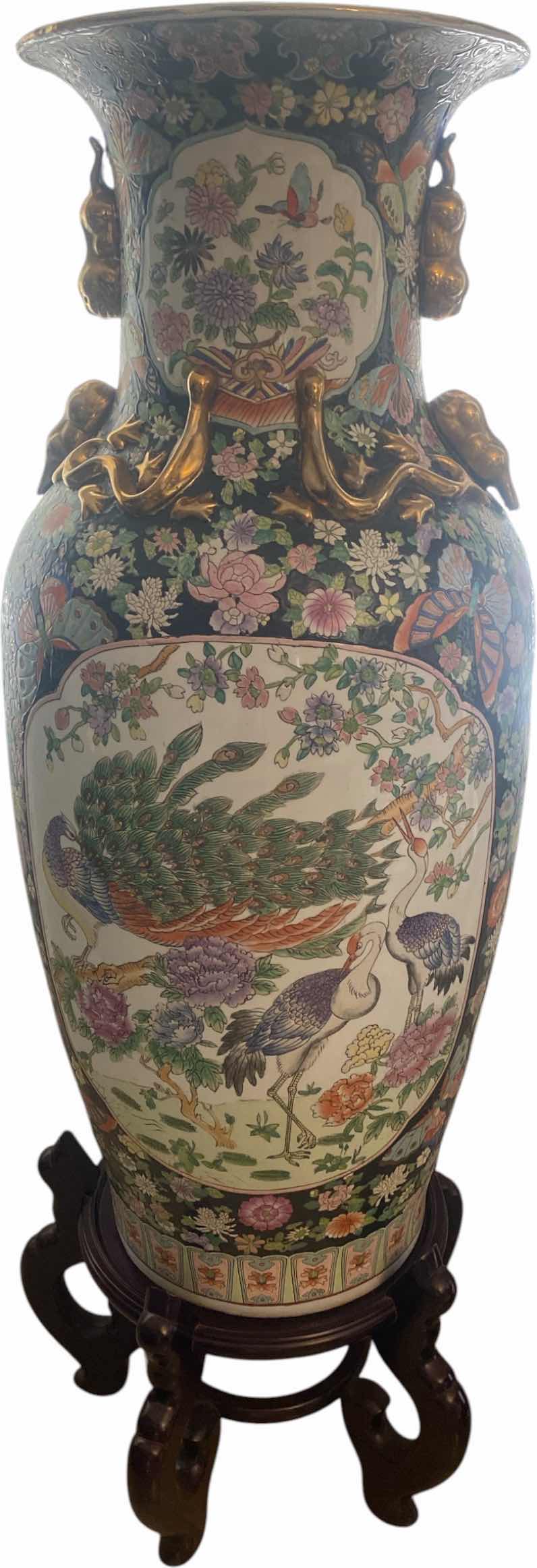 Photo 1 of LARGE HAND-PAINTED CHINESE FAMILLE ROSE PORCELAIN FLOOR VASE ON STAND WITH GUILT, ACCENTS PEACOCK AND BIRDS WITHOUT SAND BASE MEASURES 16“ X 43 EDGES