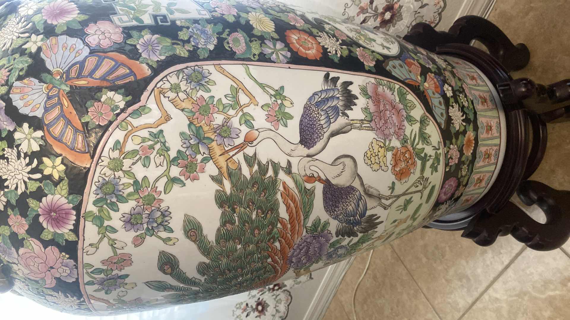 Photo 1 of LARGE HAND-PAINTED CHINESE FAMILLE ROSE PORCELAIN FLOOR VASE ON STAND WITH GUILT, ACCENTS PEACOCK AND BIRDS WITHOUT SAND BASE MEASURES 16“ X 43 EDGES