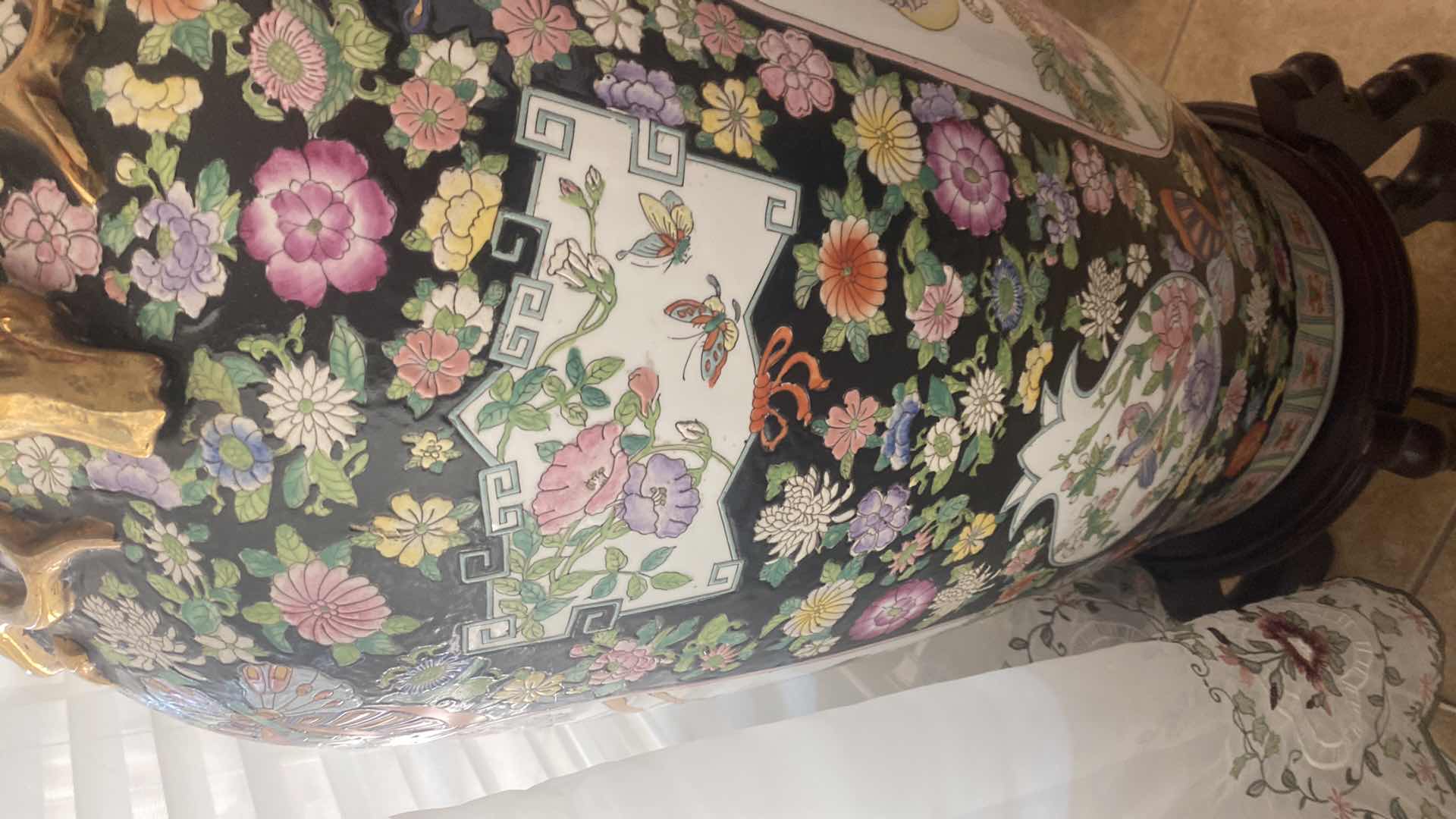 Photo 1 of LARGE HAND-PAINTED CHINESE FAMILLE ROSE PORCELAIN FLOOR VASE ON STAND WITH GUILT, ACCENTS PEACOCK AND BIRDS WITHOUT SAND BASE MEASURES 16“ X 43 EDGES