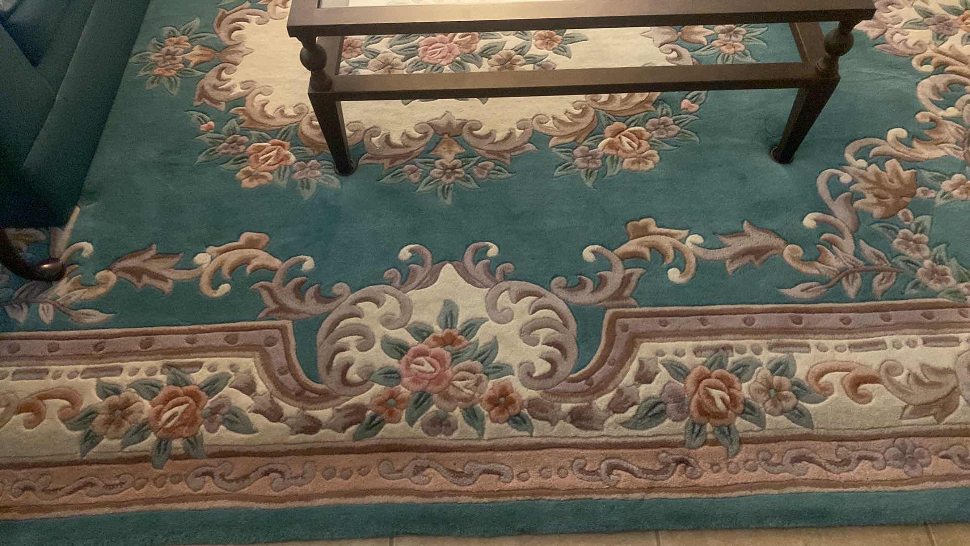 Photo 1 of VINTAGE CHINESE HAND KNOTTED  WOOL RUG TEAL AND SOFT PINK 8‘1“ X 11‘1“ NOT INCLUDING FRINGE (PAD INCLUDED)