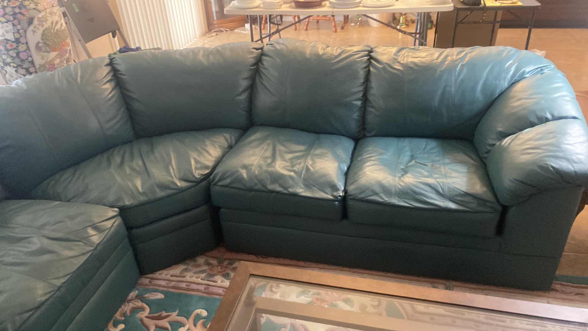 Photo 1 of SHEFFIELD CURVED SECTIONAL SOFA 57 TEAL LEATHER 92“ X 92“