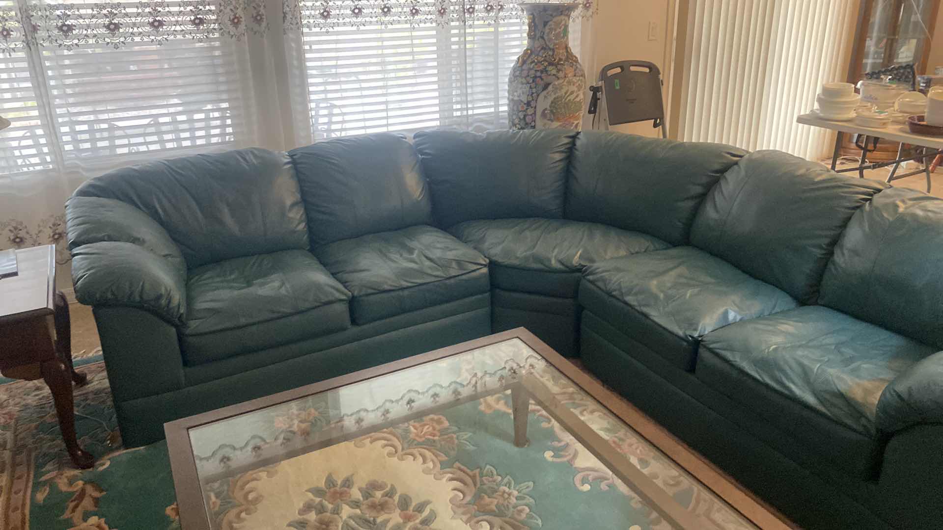 Photo 1 of SHEFFIELD CURVED SECTIONAL SOFA 57 TEAL LEATHER 92“ X 92“