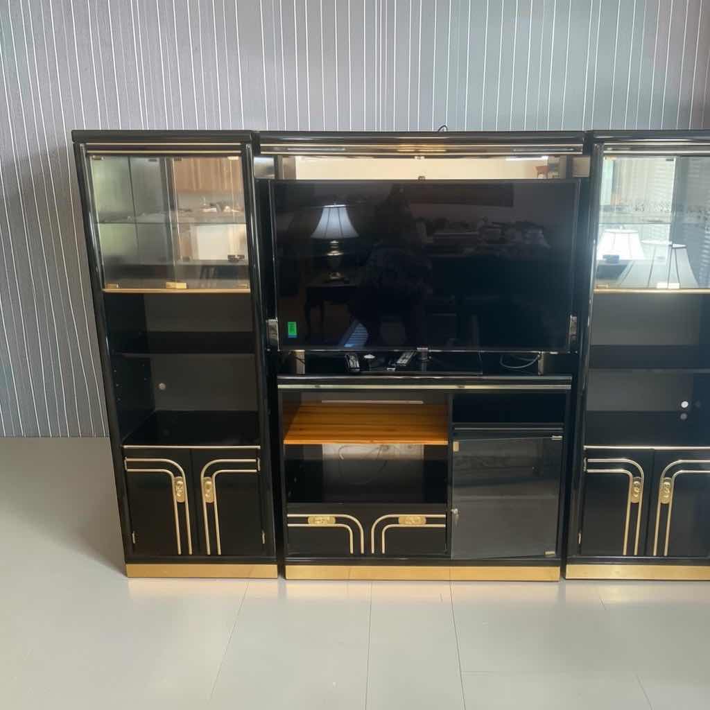 Photo 1 of 3PCS-POST MODERN 1980s BLACK LACQUER ENTERTAINMENT CENTER W HOLLYWOOD REGENCY BRASS/GOLD METALLIC TRIM,SMOKED GLASS- END PIECES MEASURE 27” X 16 1/2” H 76” MIDDLE PIECE MEASURES 4’ X 16 1/2” H 76”
