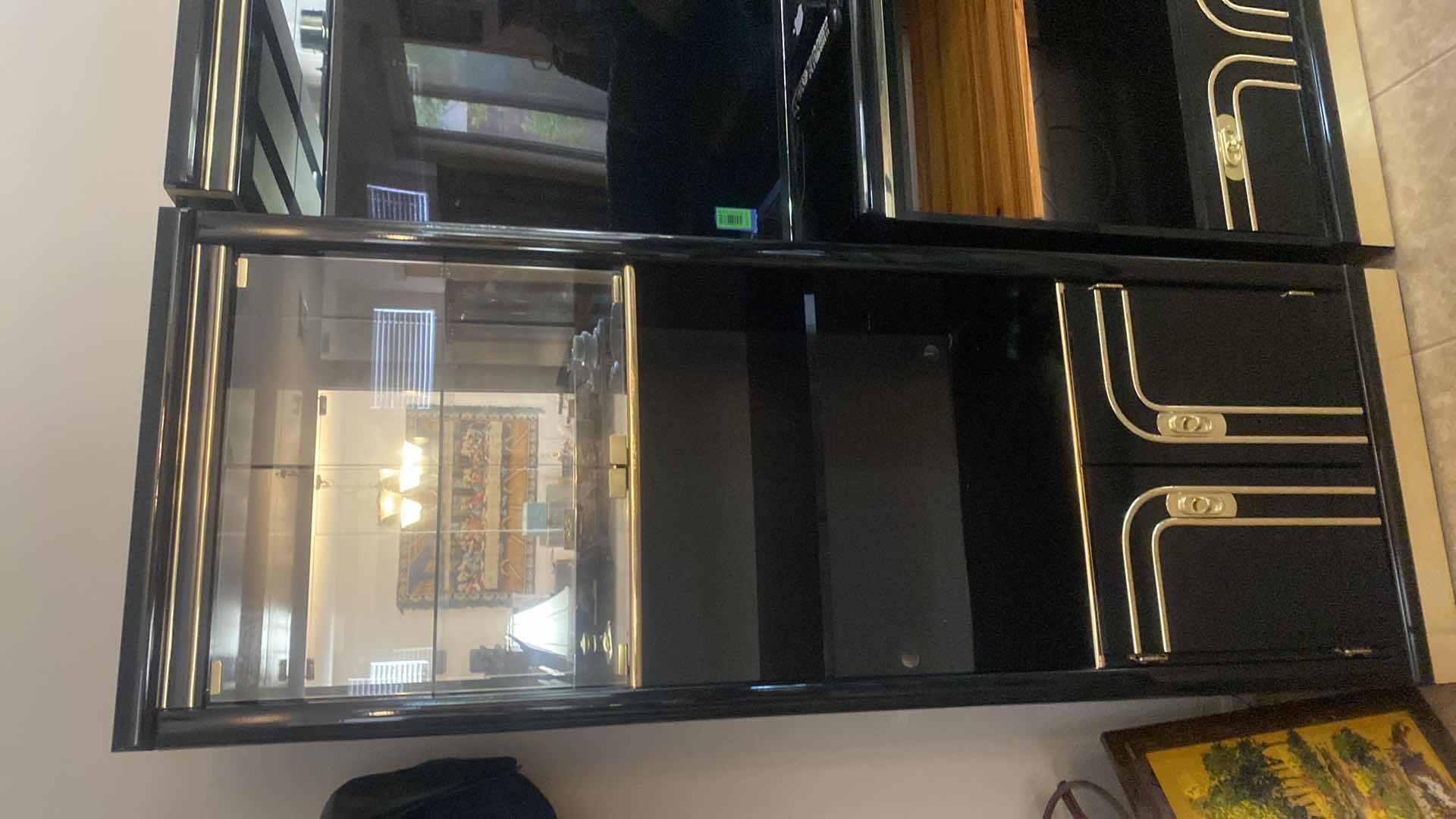 Photo 1 of 3PCS-POST MODERN 1980s BLACK LACQUER ENTERTAINMENT CENTER W HOLLYWOOD REGENCY BRASS/GOLD METALLIC TRIM,SMOKED GLASS- END PIECES MEASURE 27” X 16 1/2” H 76” MIDDLE PIECE MEASURES 4’ X 16 1/2” H 76”