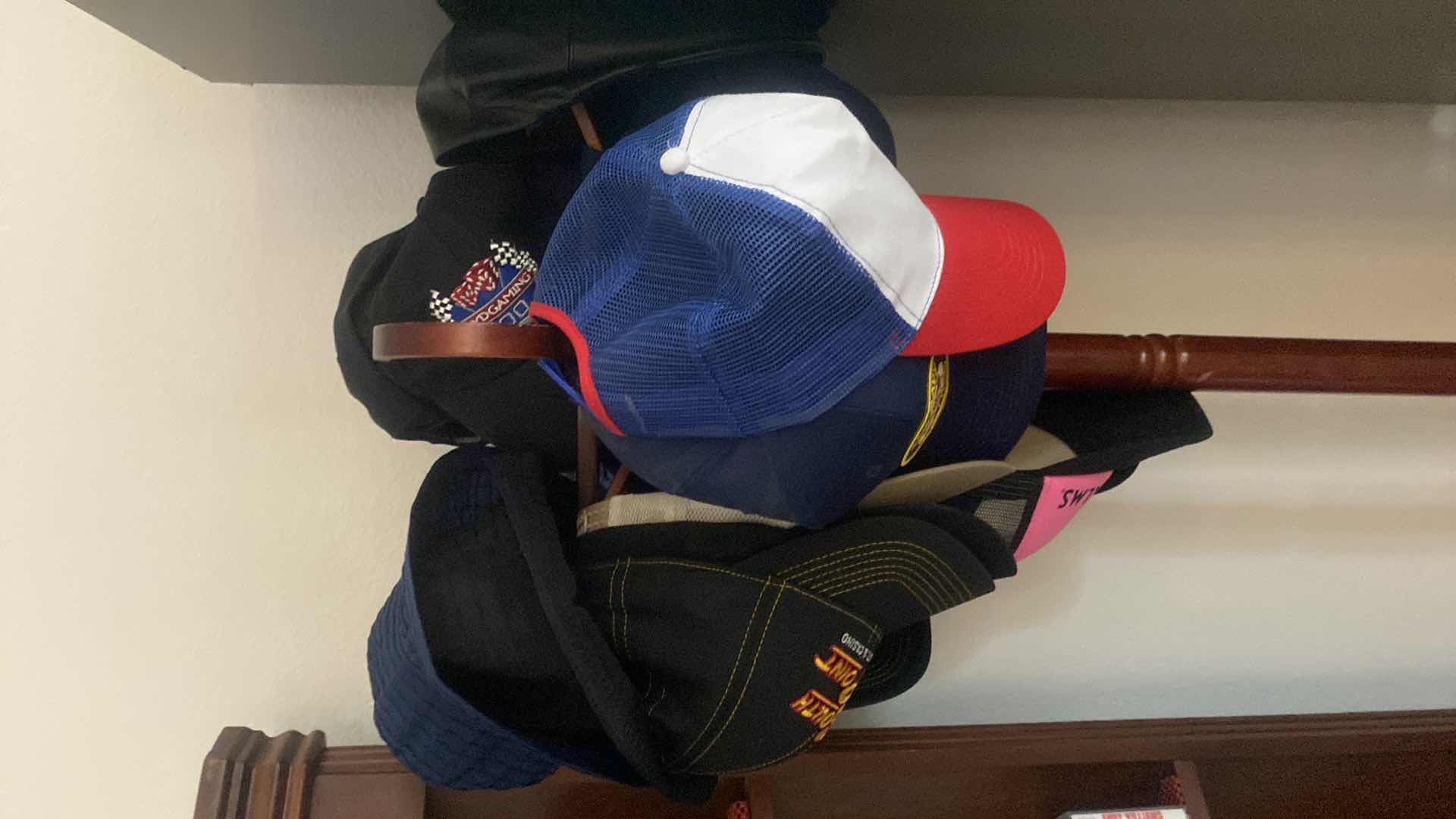 Photo 1 of VINTAGE  WOOD HAT RACK WITH BASEBALL CAPS H 72”