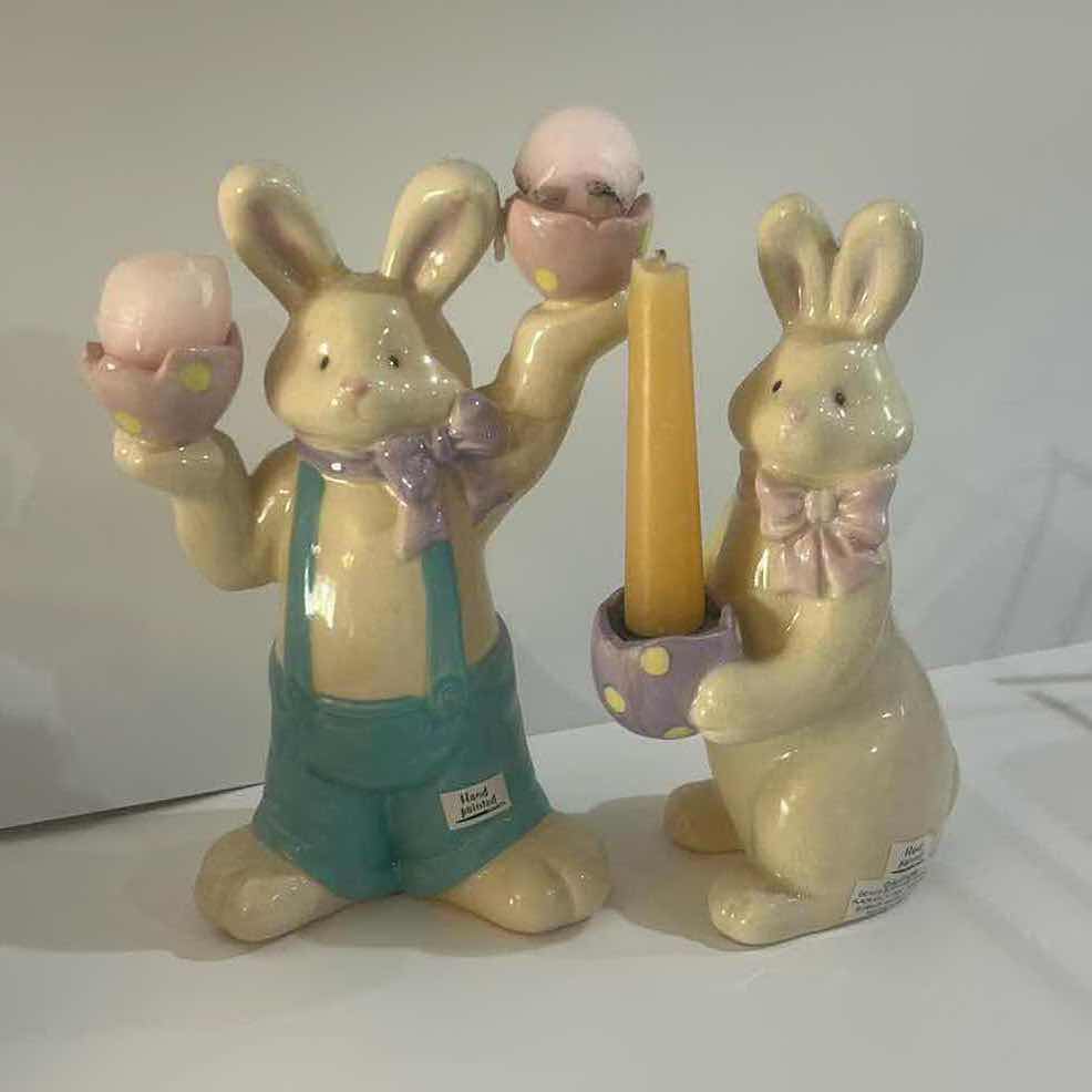 Photo 1 of HAND-PAINTED CERAMIC EASTER BUNNY FIGURINES WITH EGG & CANDLE HOLDERS
CHARMING PASTEL SPRING/EASTER DECOR
ESTIMATED RETAIL VALUE: $60 FOR THE SET H9”