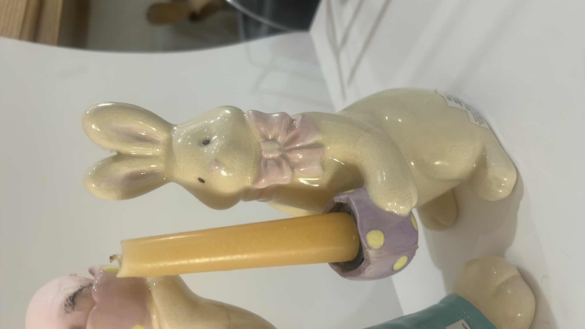 Photo 1 of HAND-PAINTED CERAMIC EASTER BUNNY FIGURINES WITH EGG & CANDLE HOLDERS
CHARMING PASTEL SPRING/EASTER DECOR
ESTIMATED RETAIL VALUE: $60 FOR THE SET H9”