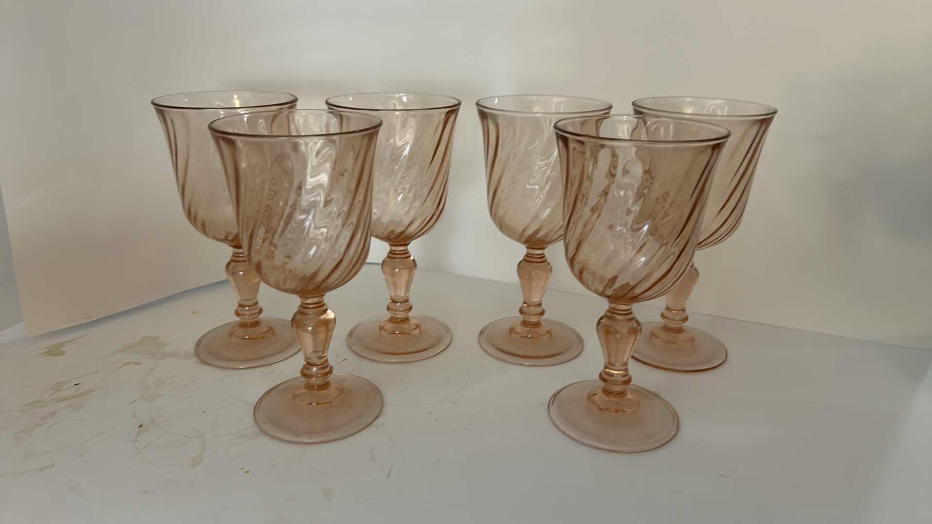 Photo 1 of 6 VINTAGE ARCOROC FRANCE ROSALINE PINK SWIRL WINE GLASSES FEATURING A DISTINCTIVE OPTIC TWIST PATTERN. $75