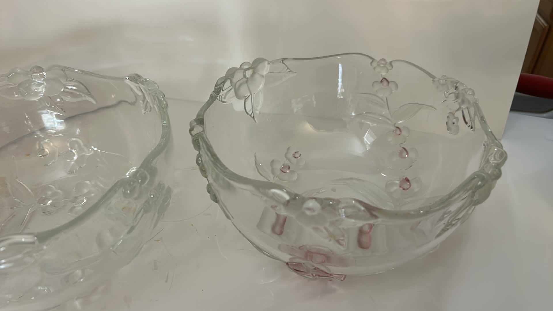 Photo 1 of 2-PRESSED GLASS SERVING BOWLS W EMBOSSED FLORAL DESIGN AND SCALLOPED RIMS 9” x H5”