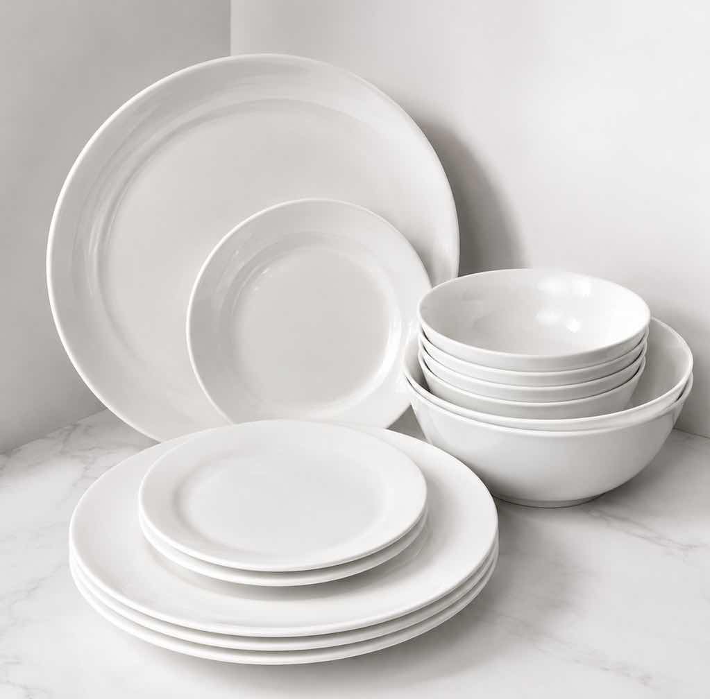 Photo 1 of 15 PC - VINTAGE CORELLE "WINTER FROST WHITE" VITRELLE GLASS DINNERWARE SET.