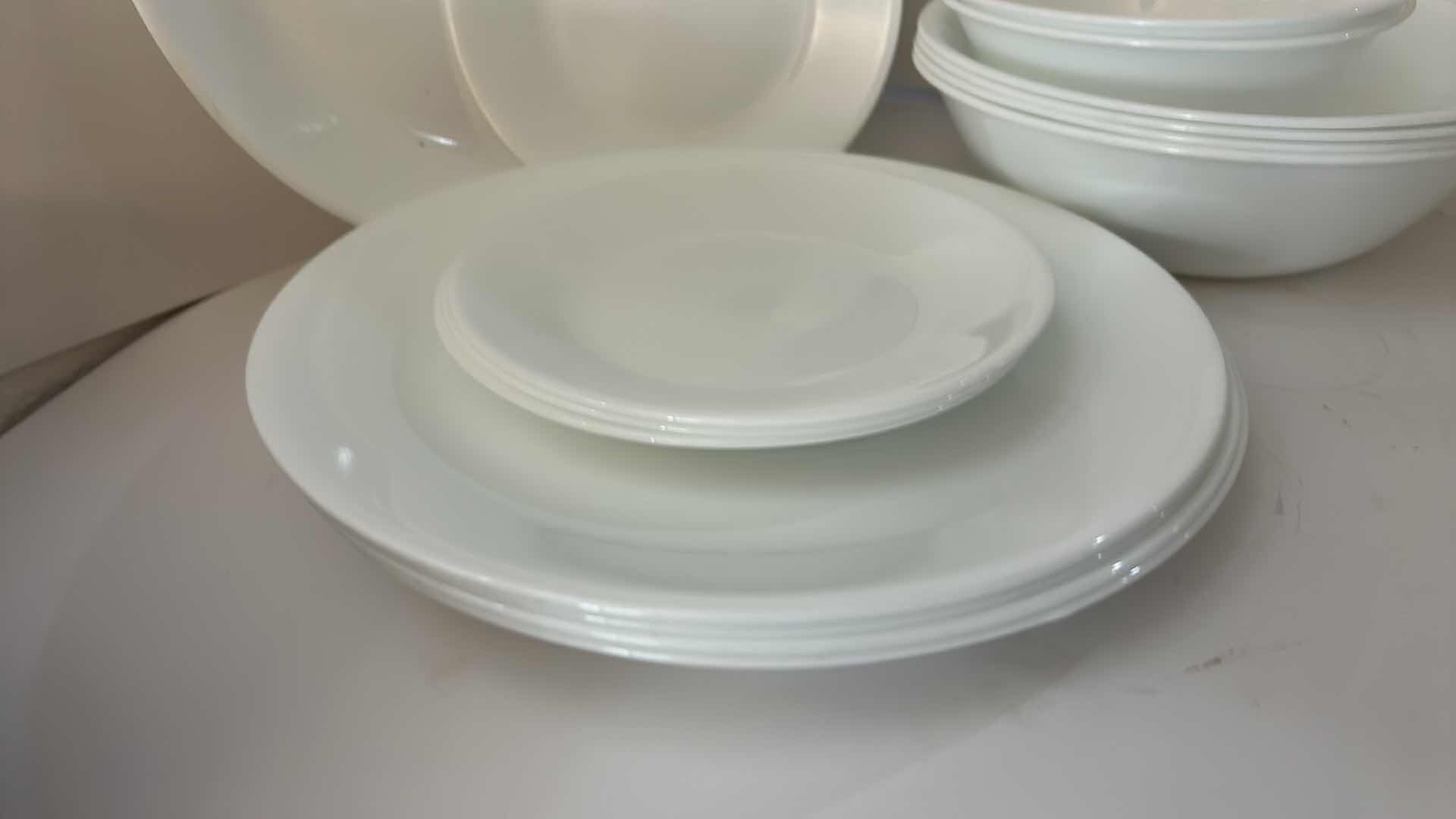 Photo 1 of 15 PC - VINTAGE CORELLE "WINTER FROST WHITE" VITRELLE GLASS DINNERWARE SET.