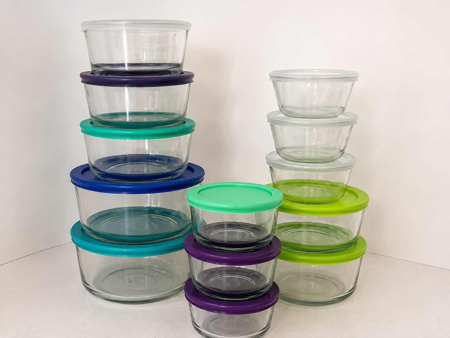 Photo 1 of 13- ANCHOR HOCKING-ASSORTED CLEAR GLASS FOOD STORAGE CONTAINERS WITH MULTICOLOR PLASTIC LIDS
