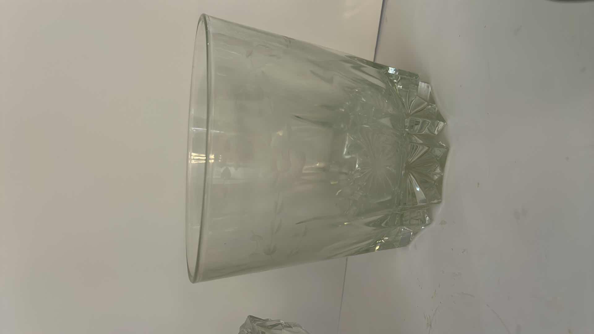Photo 1 of ASSORTED VINTAGE GLASSWARE INCLUDING 4 FLORAL TUMBLERS, CLEAR PRESSED GLASS BOWLS AND GREEN ART GLASS DISH.