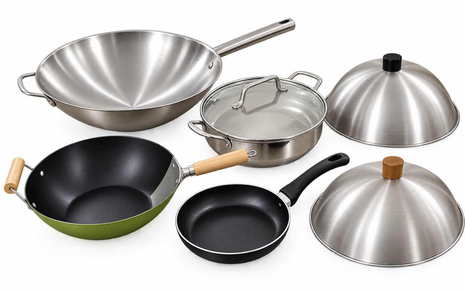 Photo 1 of ASSORTED COOKWARE LOT WITH WOKS, SKILLET, LIDDED PAN & DOME LIDS
MIXED STAINLESS STEEL AND NONSTICK COOKWARE
ESTIMATED RETAIL VALUE: $100–$150