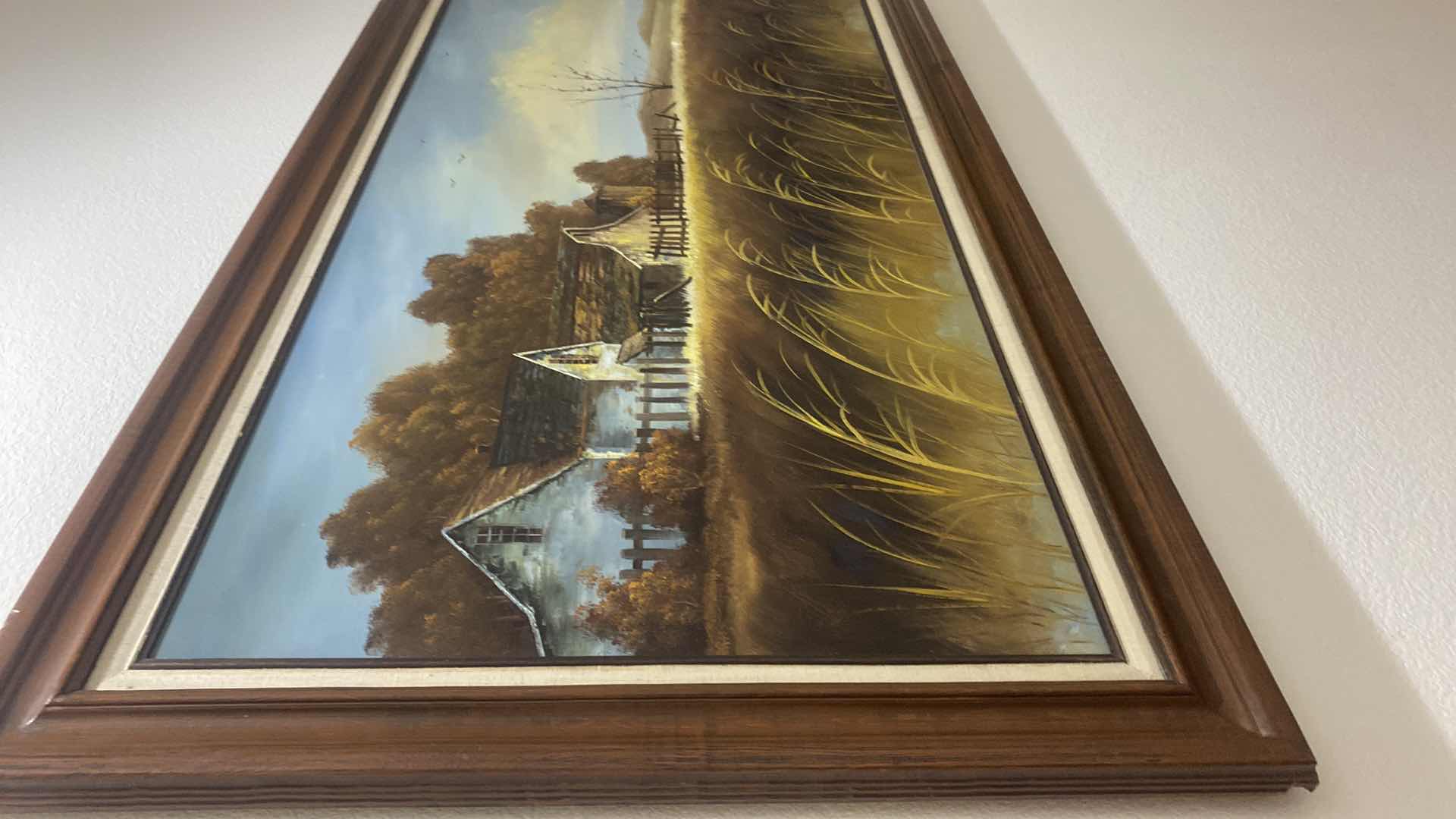 Photo 1 of VINTAGE WOOD FRAMED OIL PAINTING LANDSCAPE WITH BARNES SIGNED ARTWORK 55“ X 30 1/2”