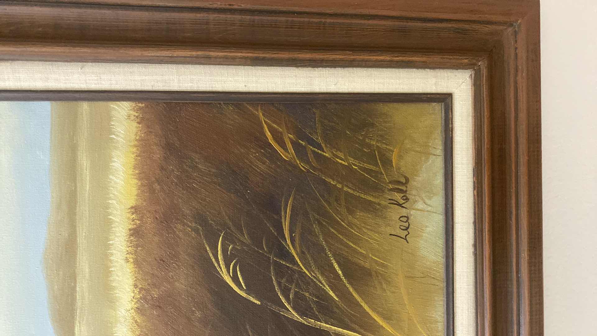 Photo 1 of VINTAGE WOOD FRAMED OIL PAINTING LANDSCAPE WITH BARNES SIGNED ARTWORK 55“ X 30 1/2”