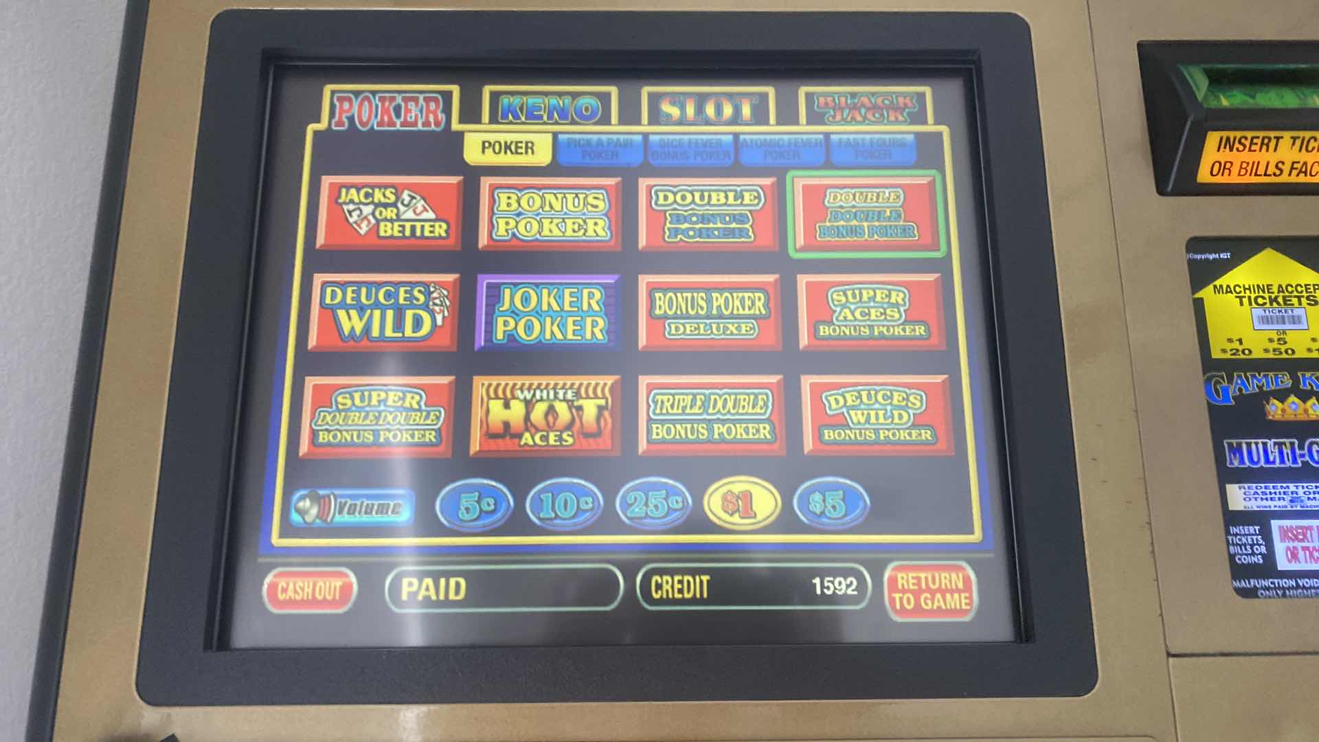Photo 1 of IGT GAME KING MULTI DOMINATION UPRIGHT SLOT MACHINE WITH CABINET AND KEYS 28” x 33” H 61”