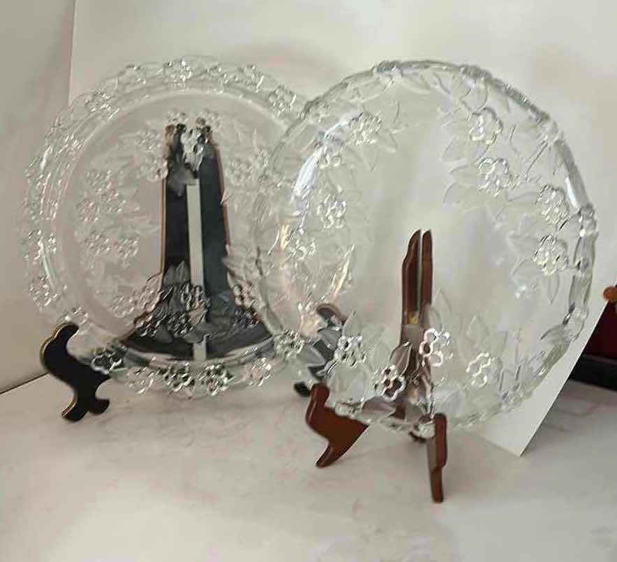 Photo 1 of PAIR OF CLEAR GLASS SERVING PLATES WITH RAISED FLORAL & LEAF DESIGN