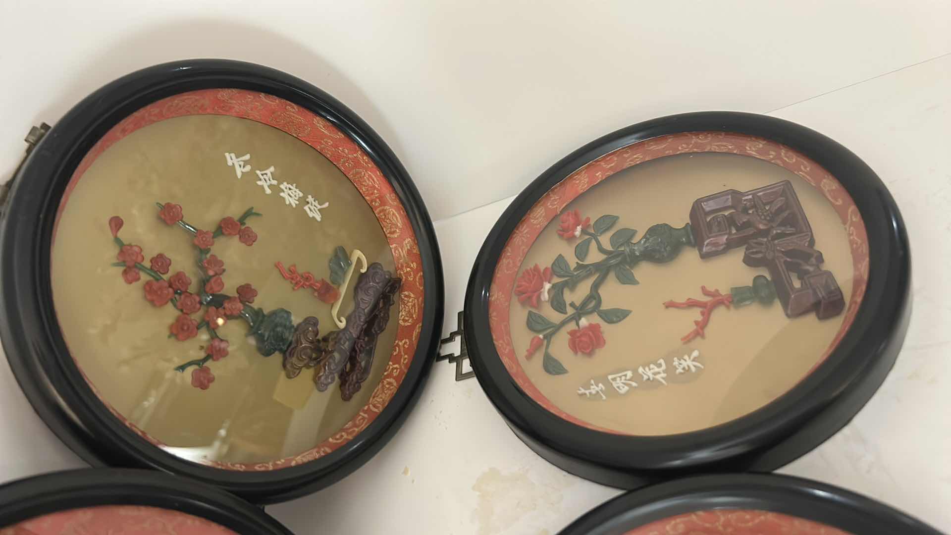 Photo 1 of SET OF FOUR VINTAGE CHINESE ROUND SHADOW BOX WALL PLAQUES, $90