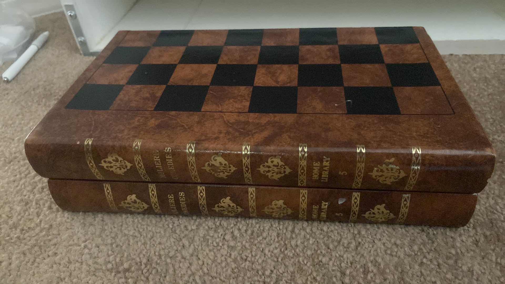 Photo 1 of TRAVEL CHESS SET IN WOODEN BOX WITH LEATHER COVER