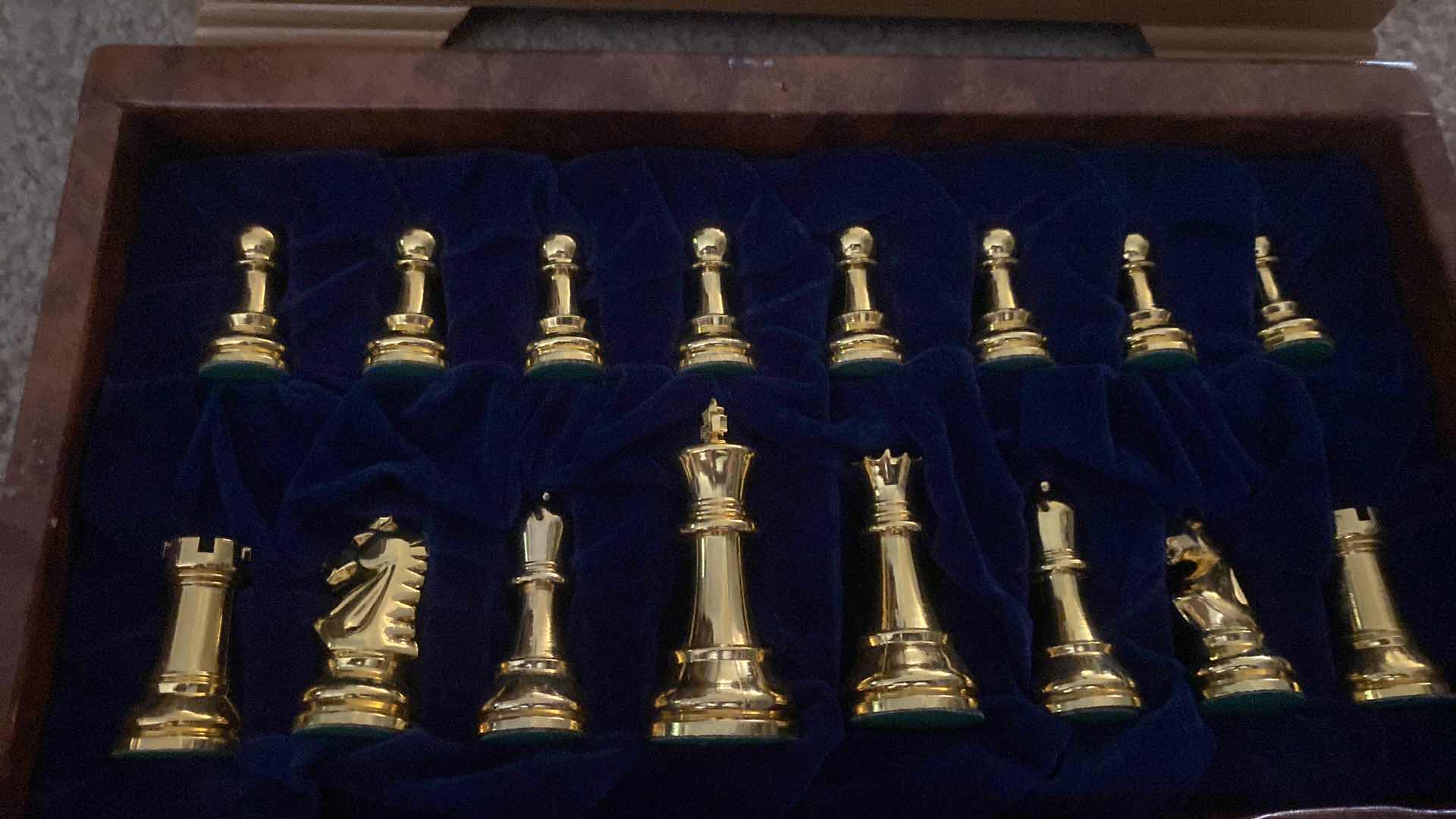Photo 1 of TRAVEL CHESS SET IN WOODEN BOX WITH LEATHER COVER