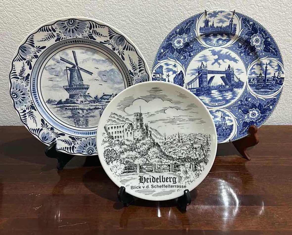 Photo 1 of 3-BLUE & WHITE EUROPEAN SOUVENIR COLLECTOR PLATES