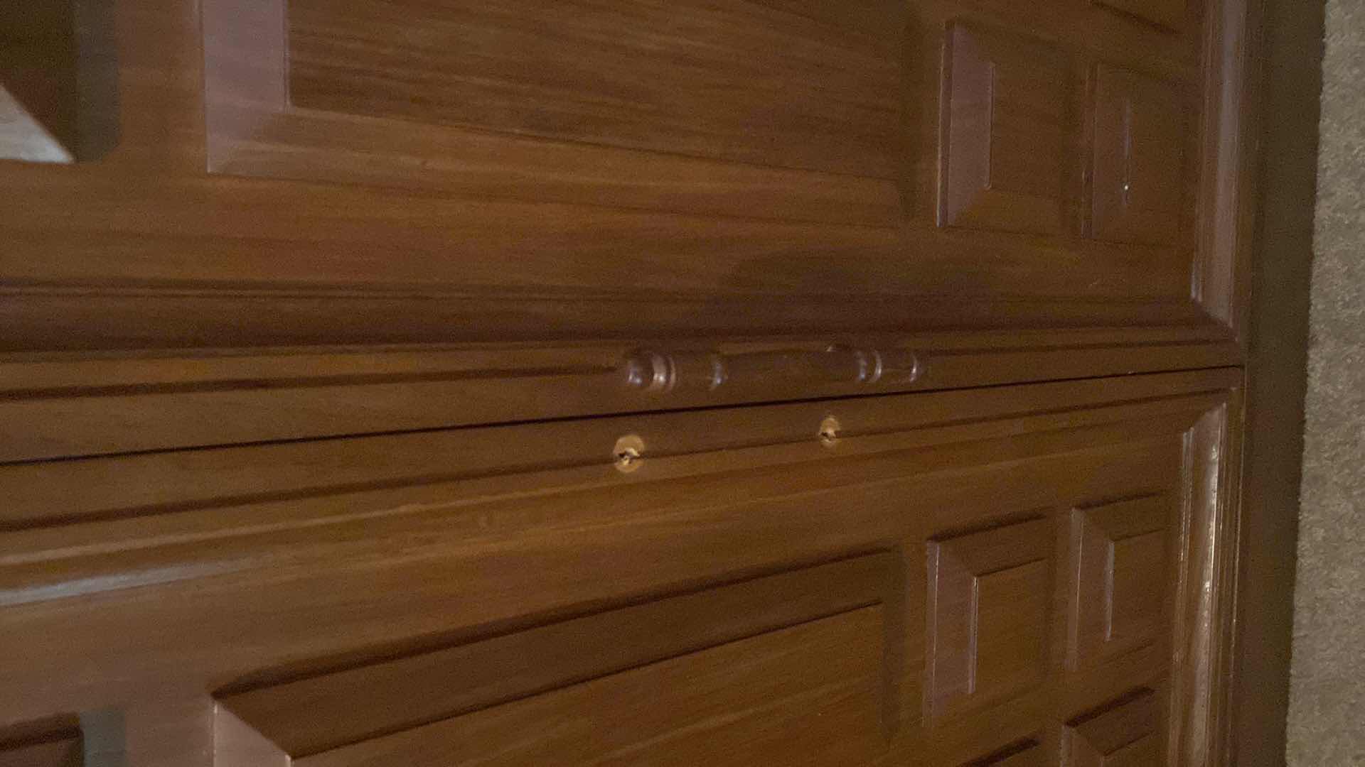 Photo 1 of VINTAGE MID-CENTURY  MODERN EXPANDABLE DRY BAR CABINET WITH NARRA WOOD CONSTRUCTION (BOTH FRONT AND BACK HAVE  PANELS )  EXPANDED MEASURES 65 1/2“ X 22“ H 40” CLOSED 33” X 22” H 41”