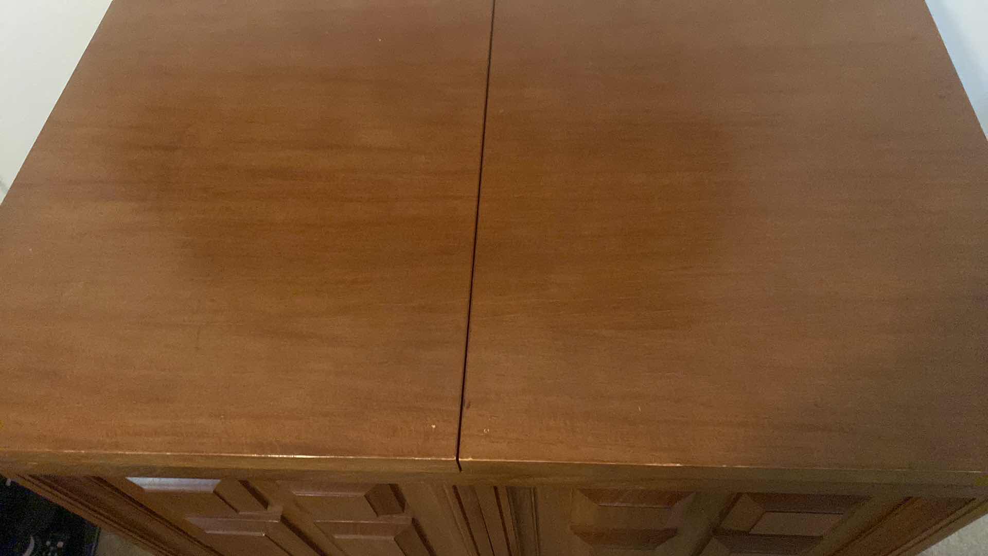 Photo 1 of VINTAGE MID-CENTURY  MODERN EXPANDABLE DRY BAR CABINET WITH NARRA WOOD CONSTRUCTION (BOTH FRONT AND BACK HAVE  PANELS )  EXPANDED MEASURES 65 1/2“ X 22“ H 40” CLOSED 33” X 22” H 41”