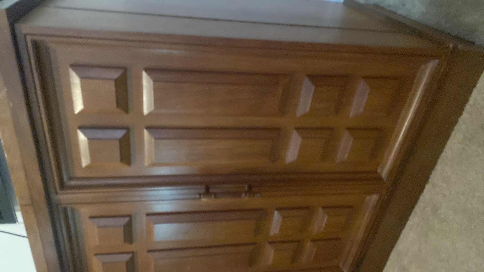 Photo 1 of VINTAGE MID-CENTURY  MODERN EXPANDABLE DRY BAR CABINET WITH NARRA WOOD CONSTRUCTION (BOTH FRONT AND BACK HAVE  PANELS )  EXPANDED MEASURES 65 1/2“ X 22“ H 40” CLOSED 33” X 22” H 41”