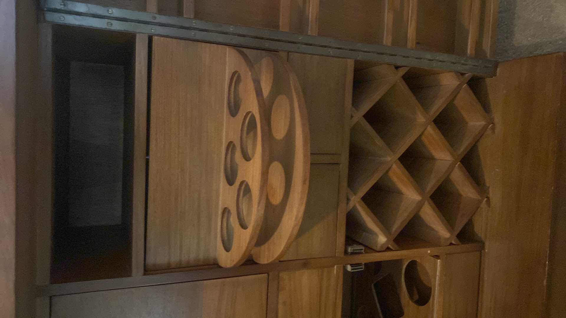 Photo 1 of VINTAGE MID-CENTURY  MODERN EXPANDABLE DRY BAR CABINET WITH NARRA WOOD CONSTRUCTION (BOTH FRONT AND BACK HAVE  PANELS )  EXPANDED MEASURES 65 1/2“ X 22“ H 40” CLOSED 33” X 22” H 41”