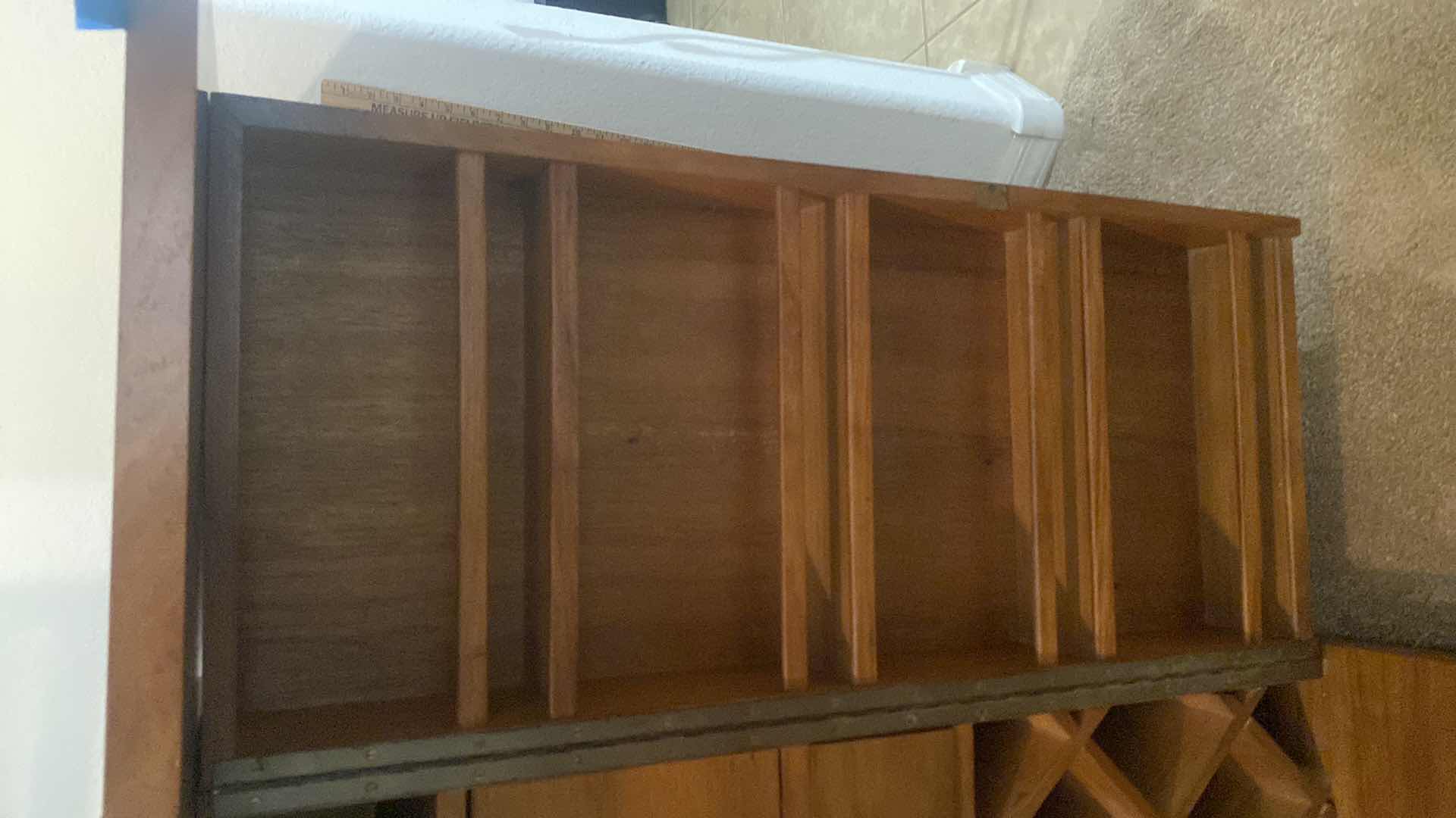 Photo 1 of VINTAGE MID-CENTURY  MODERN EXPANDABLE DRY BAR CABINET WITH NARRA WOOD CONSTRUCTION (BOTH FRONT AND BACK HAVE  PANELS )  EXPANDED MEASURES 65 1/2“ X 22“ H 40” CLOSED 33” X 22” H 41”