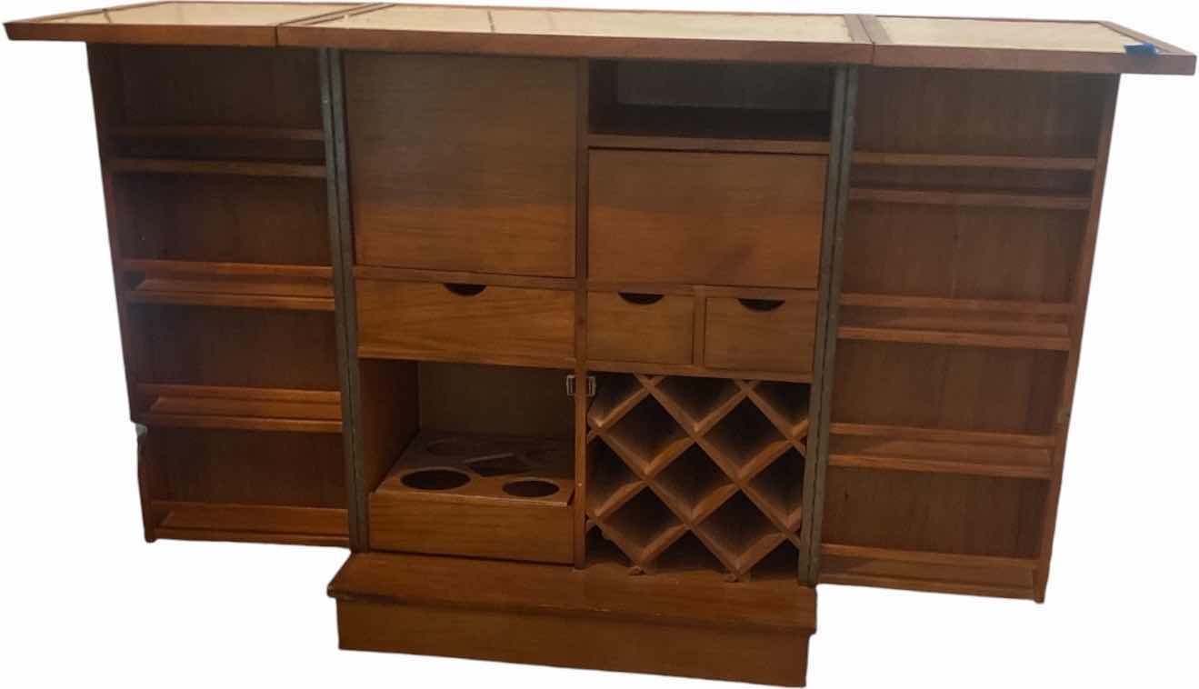 Photo 1 of VINTAGE MID-CENTURY  MODERN EXPANDABLE DRY BAR CABINET WITH NARRA WOOD CONSTRUCTION (BOTH FRONT AND BACK HAVE  PANELS )  EXPANDED MEASURES 65 1/2“ X 22“ H 40” CLOSED 33” X 22” H 41”