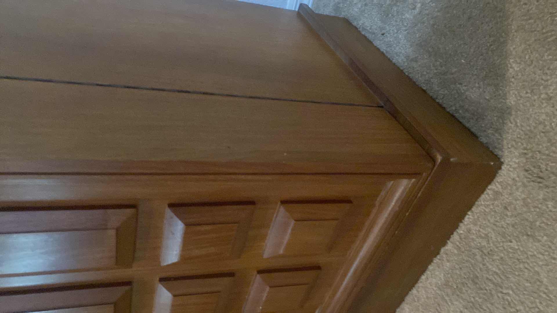 Photo 1 of VINTAGE MID-CENTURY  MODERN EXPANDABLE DRY BAR CABINET WITH NARRA WOOD CONSTRUCTION (BOTH FRONT AND BACK HAVE  PANELS )  EXPANDED MEASURES 65 1/2“ X 22“ H 40” CLOSED 33” X 22” H 41”