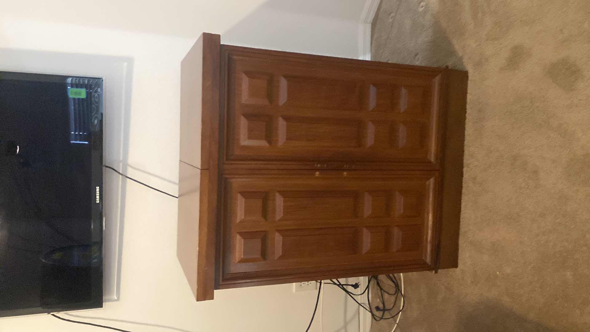 Photo 1 of VINTAGE MID-CENTURY  MODERN EXPANDABLE DRY BAR CABINET WITH NARRA WOOD CONSTRUCTION (BOTH FRONT AND BACK HAVE  PANELS )  EXPANDED MEASURES 65 1/2“ X 22“ H 40” CLOSED 33” X 22” H 41”