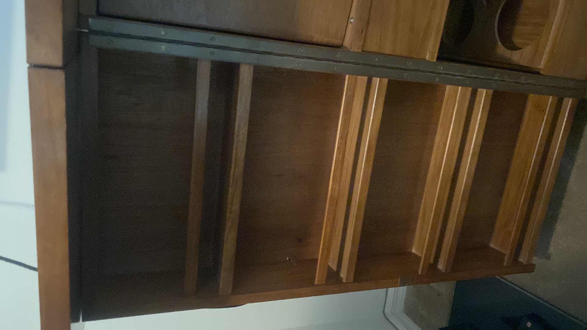 Photo 1 of VINTAGE MID-CENTURY  MODERN EXPANDABLE DRY BAR CABINET WITH NARRA WOOD CONSTRUCTION (BOTH FRONT AND BACK HAVE  PANELS )  EXPANDED MEASURES 65 1/2“ X 22“ H 40” CLOSED 33” X 22” H 41”