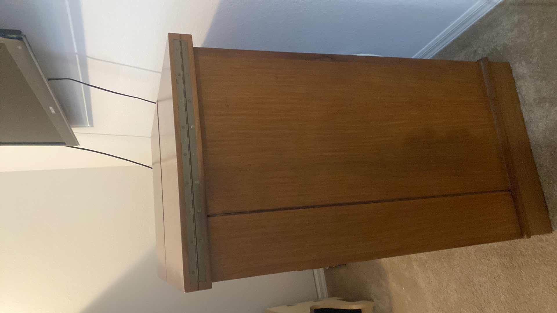 Photo 1 of VINTAGE MID-CENTURY  MODERN EXPANDABLE DRY BAR CABINET WITH NARRA WOOD CONSTRUCTION (BOTH FRONT AND BACK HAVE  PANELS )  EXPANDED MEASURES 65 1/2“ X 22“ H 40” CLOSED 33” X 22” H 41”