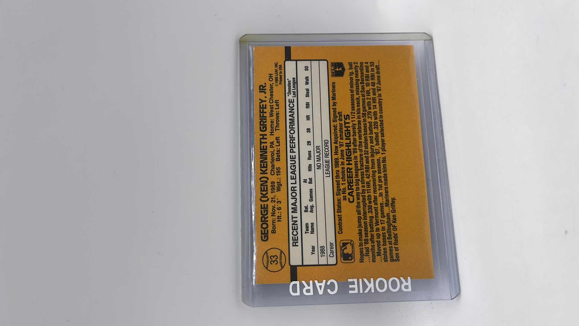 Photo 1 of 1989 KEN GRIFFEY JR RATED ROOKIE CARD 33 APPROX VALUE $350
