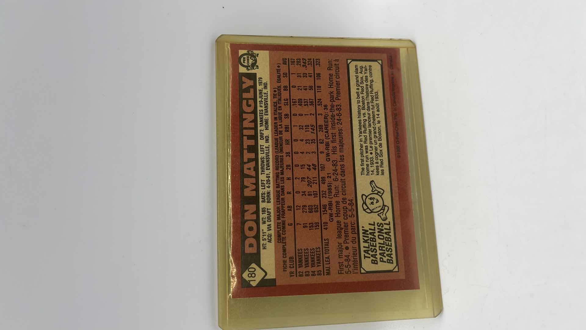 Photo 1 of 1986 DON MATTINGLY TOPPS CARD 180