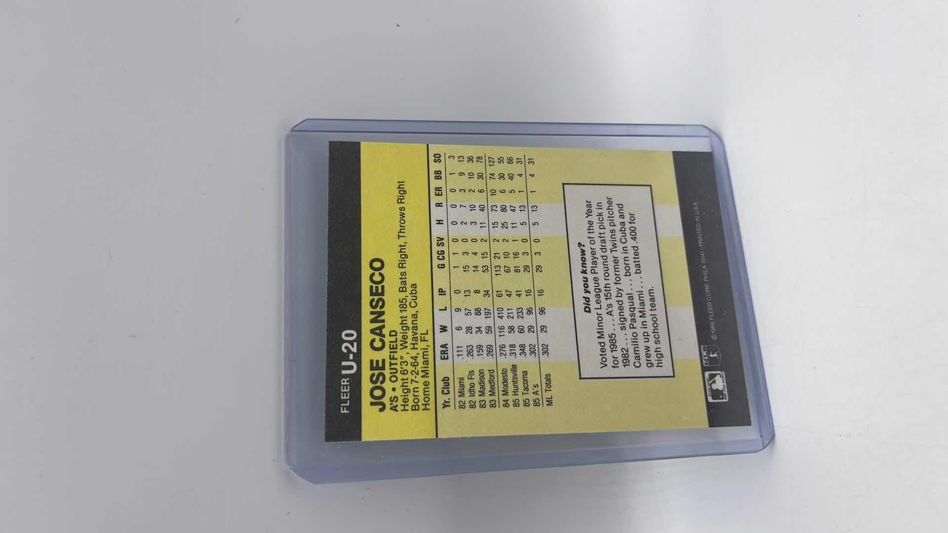 Photo 1 of 1986 JOSE CANSECO FLEER ROOKIE CARD U20 APPROX VALUE $75