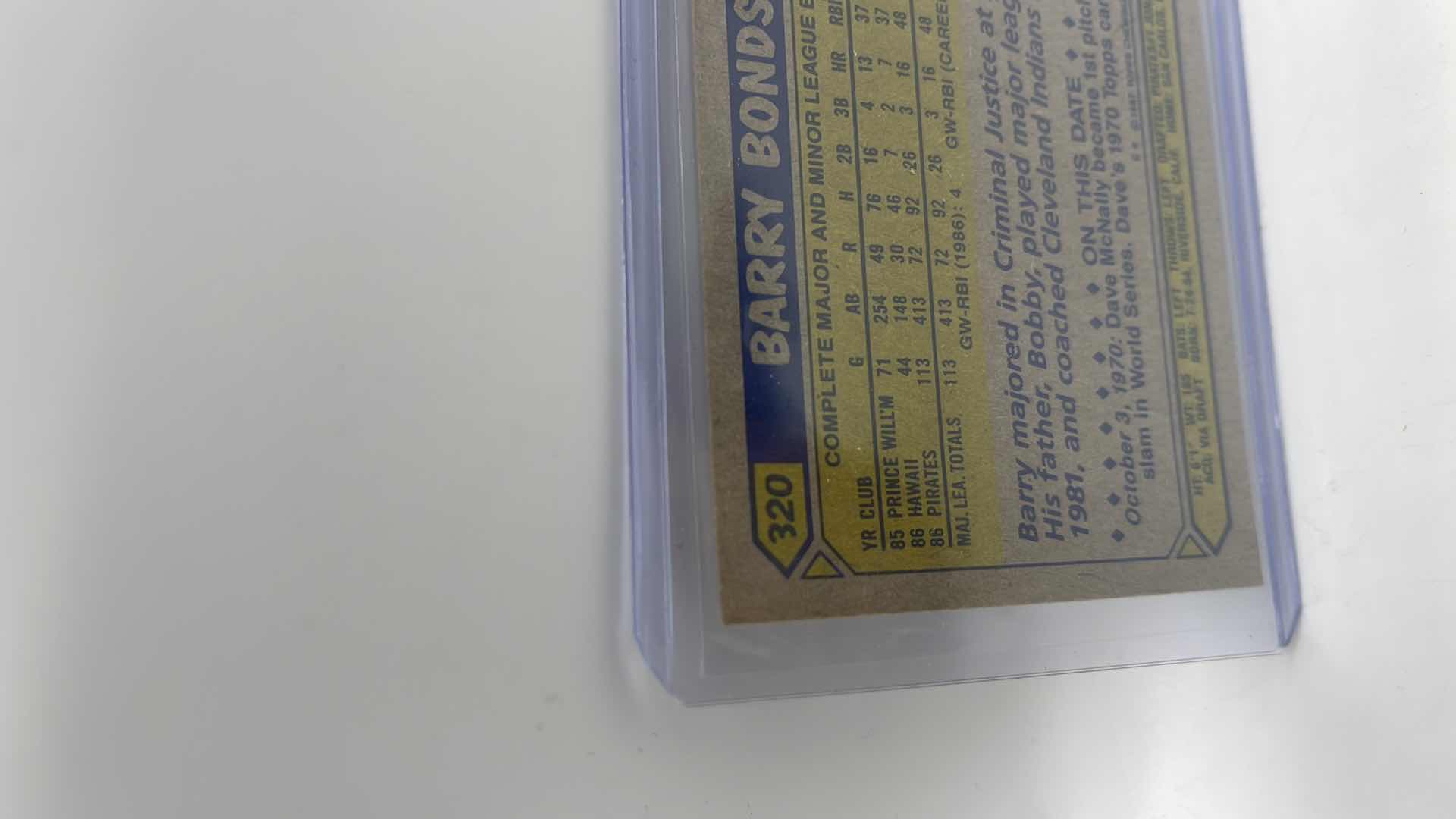 Photo 1 of 1987 BARRY BONDS TOPPS ERROR CARD 320 APPROX VALUE $1800