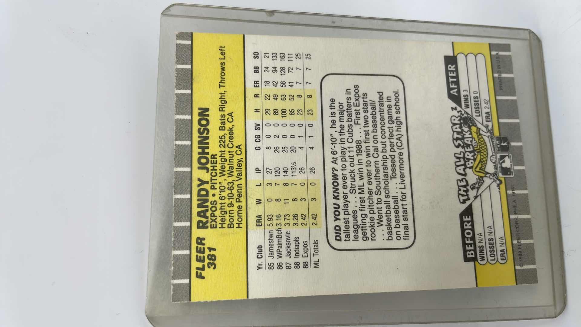 Photo 2 of 1989 RANDY JOHNSON FLEER ROOKIE CARD 381