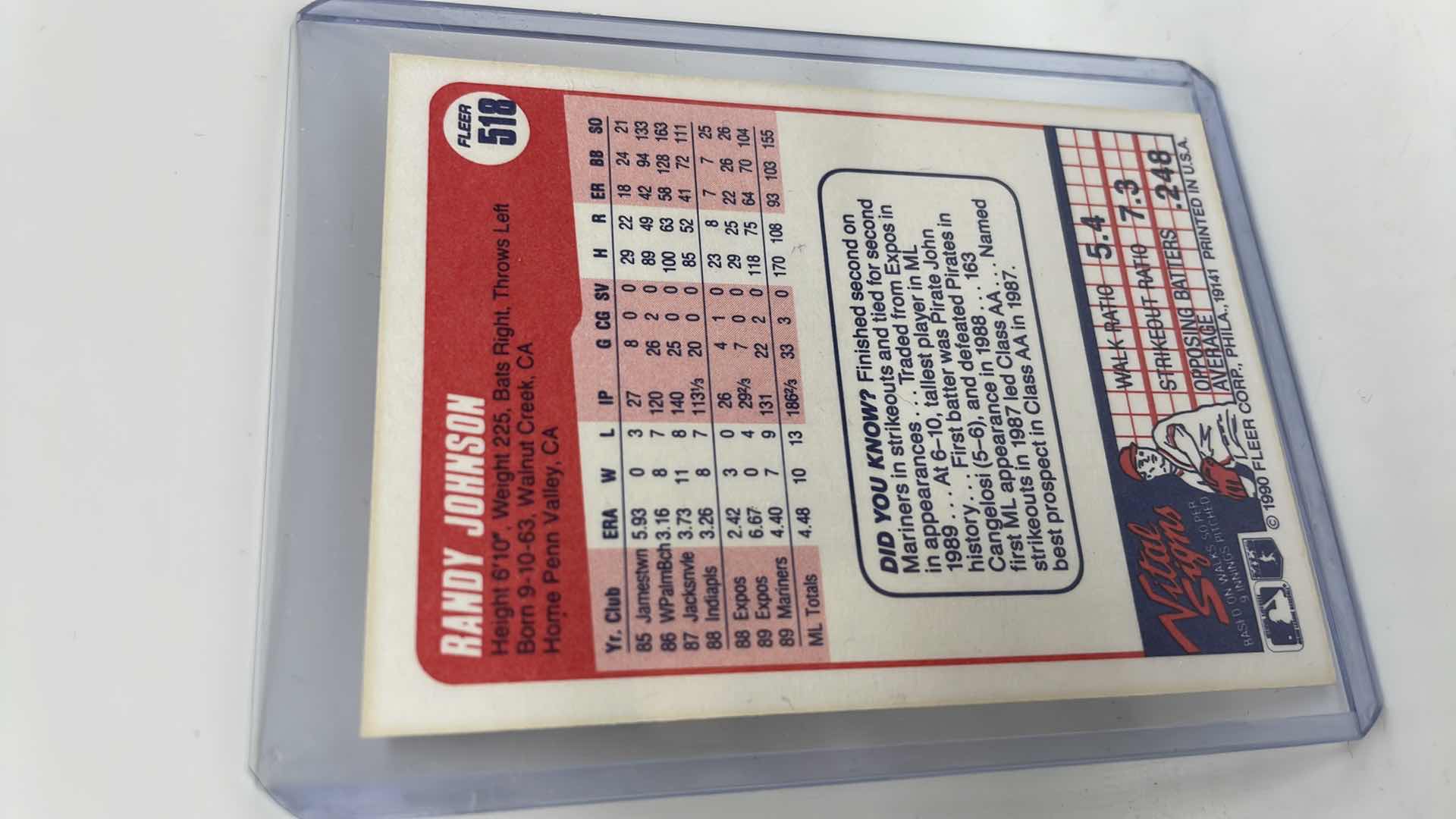 Photo 2 of 1990 RANDY JOHNSON FLEER CARD 518